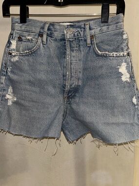 Agolde Stella Denim Shorts High-Rise Waist Size 24 Distressed Raw Hem Button Fly